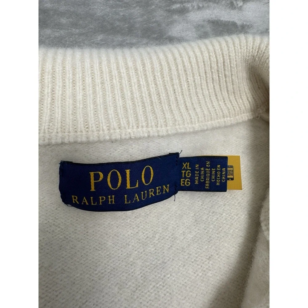 Polo Ralph Lauren 1/4 Zip Pullover Mens XL Cream Ivory White 100% Wool Gray Pony